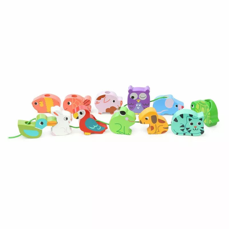 A group of Vilac Pets Large Beads Set toy animals sitting next to each other.