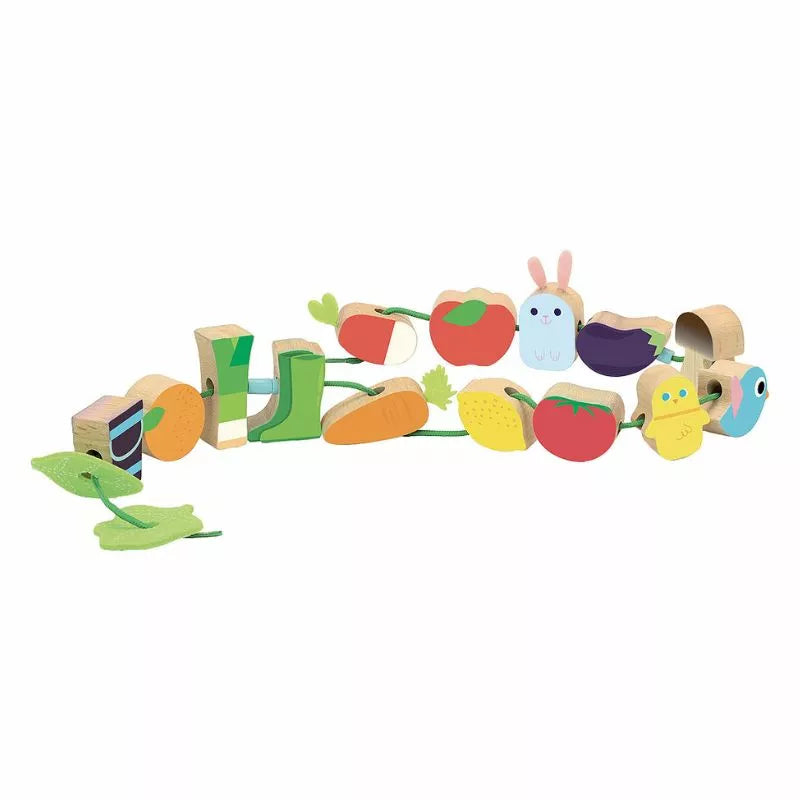 a wooden Vilac Vegetable Garden Large Beads Set with a caterpillar on it.