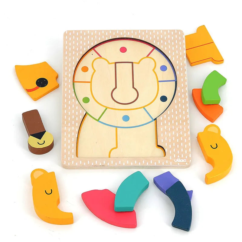 This charming Vilac Lion Wooden Puzzle is perfect for a 1-year-old, featuring colorful, uniquely shaped pieces. The lion's outline is defined on a rectangular board with corresponding spaces for each vibrant orange, yellow, blue, green, purple, and red piece to fit in.