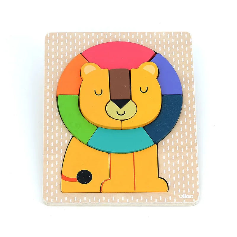 The Vilac Lion Wooden Puzzle is a vibrant toy portraying a lion, ideal for children aged 1 year and up. The lion's mane features detachable pieces in red, pink, purple, blue, green, and orange. The lion sits against a beige background with white speckles, and the base proudly displays the "Vilac" brand name.