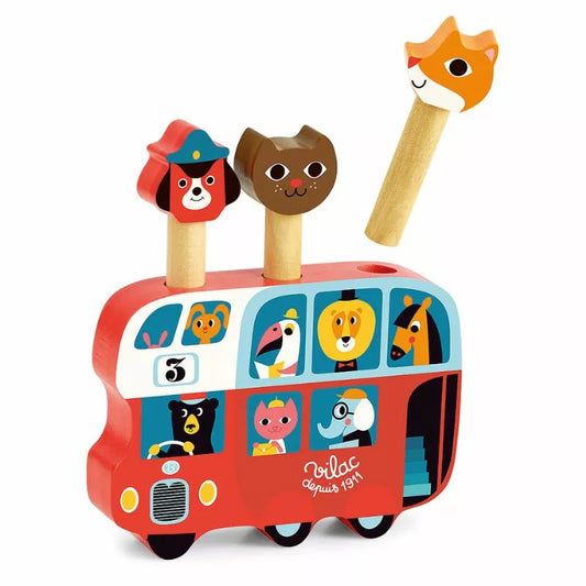 a Vilac Pop-up Bus with animals on it.