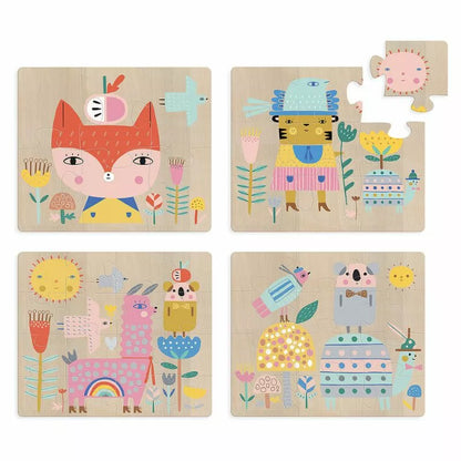 Four Vilac Evolutive Puzzles with animals and flowers on them.