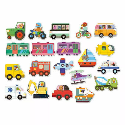 a collection of Vilac Transport Magnets on a white background.