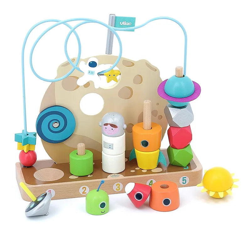 The Vilac In the Stars Galaxy Counting Game is a vibrant wooden activity toy that includes various geometric shapes, a smiling astronaut, a bead maze, and stacking blocks. This early learning toy features a base printed with numbers 1 to 6 and comes with a cheerful small yellow sun designed to complement its space theme perfectly.