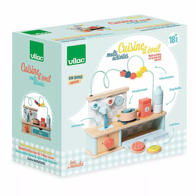 a Vilac Multi-activity Early-Learning Kitchen in a box.