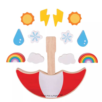 A Weather Balancing Game toy for 2 years+ with a wooden rainbow, sun, rain, and umbrella.