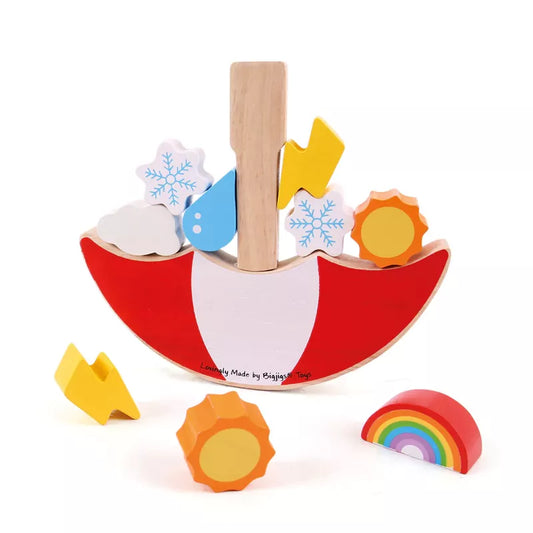 A Weather Balancing Game suitable for children aged 2 years and older, featuring a colorful rainbow, joyful sun, and protective umbrella.