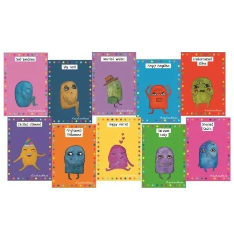 Introducing "Who’s visiting now 10 Cards (A6)," a charming collection of colorful emotion cards perfect for primary school children. Each card features adorable monster illustrations depicting various emotions such as Sad, Shy, Worried, Angry, Embarrassed, Excited, Frightened, Happy, Nervous, and Shocked. These delightful cards are designed to help children express their feelings more easily.