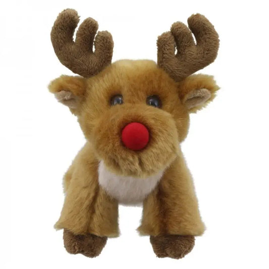 The Mini Reindeer Wilberry Soft Toy features soft brown fur, large antlers, blue eyes, a white chest, and a bright red nose—making it perfect for bedtime snuggles.