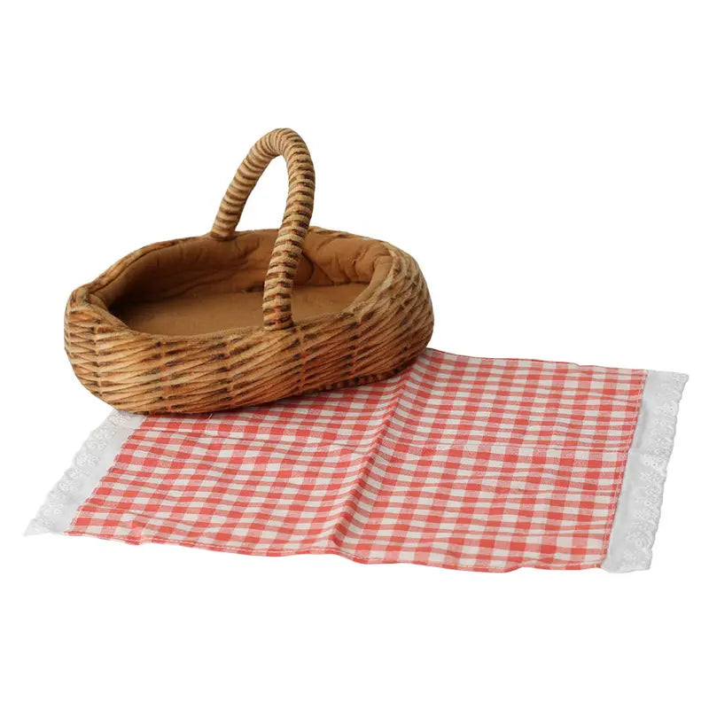 The Wilberry Teddy Bears’ Picnic Soft Toy Set features a plush picnic basket with a handle and a red-and-white checkered cloth trimmed in lace—perfect for imaginative play or a delightful Teddy Bears’ Picnic.