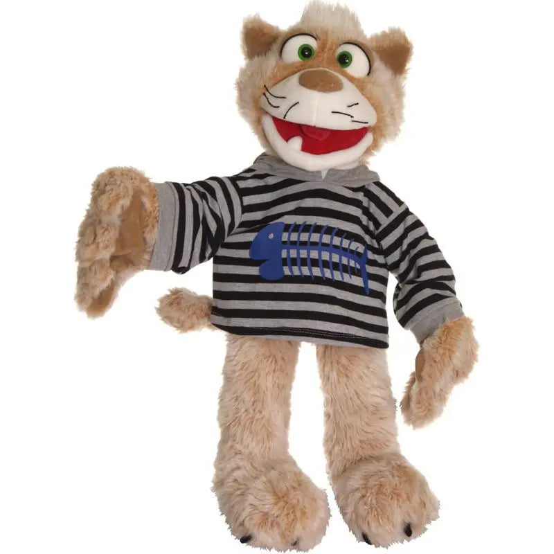 Wisky the large Cat Hand Puppet – 63cm features tan fur, green eyes, a wide red mouth, and wears a black and gray striped shirt with a blue fish graphic on the front.