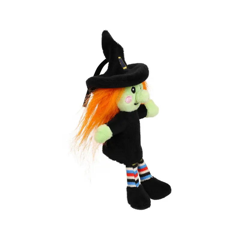 Introducing the Witch Finger Puppet Decoration — a whimsical plush toy featuring a green-faced witch with bright orange hair, a classic black hat and dress, and playful striped socks. Standing upright against a white background, this charming finger puppet is perfect for imaginative play or as a delightful accent for your Halloween décor.