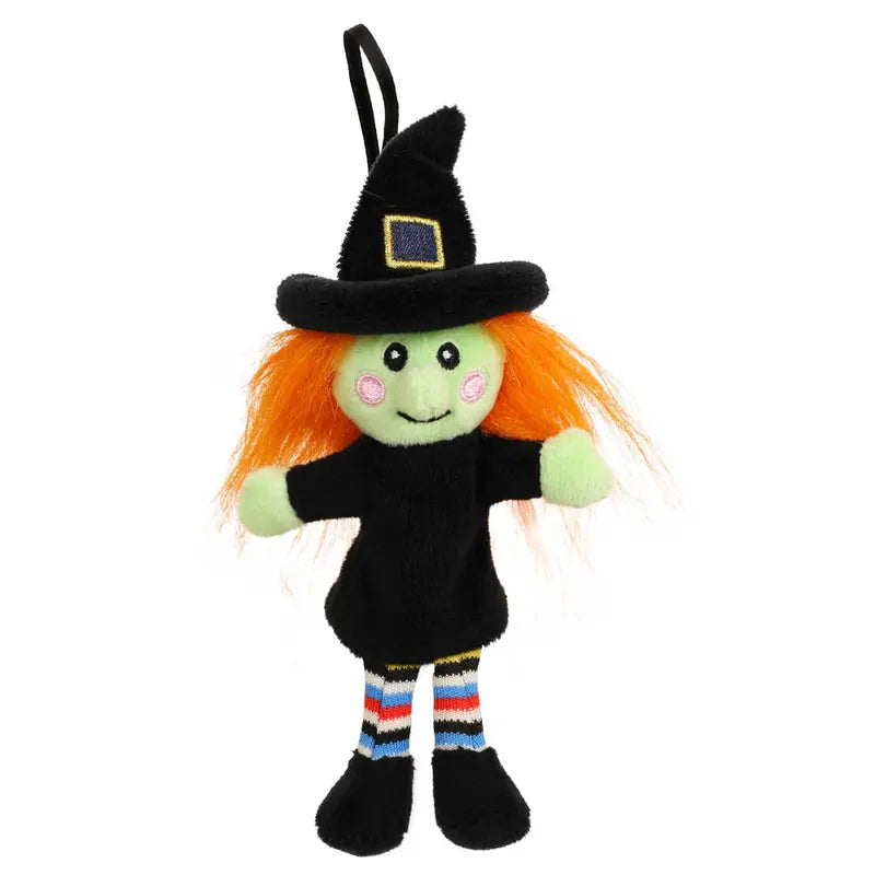 Witch Finger Puppet Decoration featuring a green face, orange hair, pink cheeks, black hat and dress, and striped leggings—perfect for imaginative play or as a charming addition to your Halloween decorations. The puppet includes a loop on top of its hat for easy hanging.