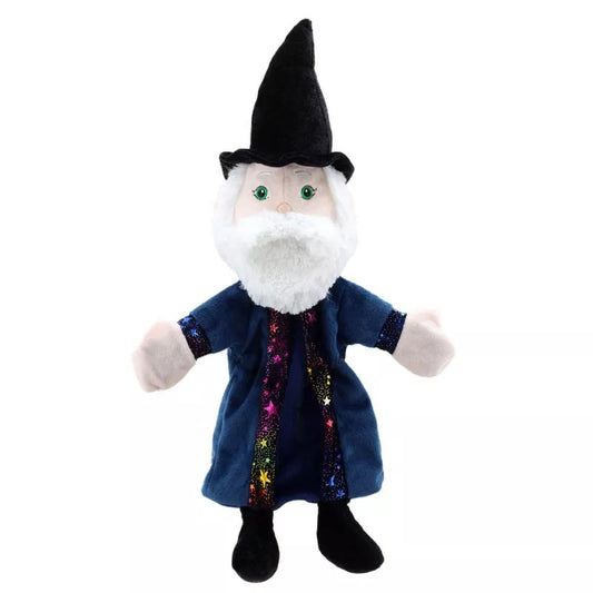 Hand Puppet of a Wizzard with colourful clothes and quality embroidered facial features.  Big enough to be used by children and adults.