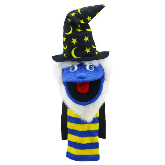 A colourful Sock Puppet named Sockette Knitted Puppet Wizard It’s knitted body is purple and yellow. He wears a black pointy hat.It has big expressive eyes and is mouth moving.