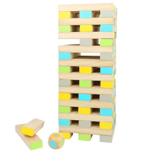 A XXL Wobbly Tower with colored blocks on it.