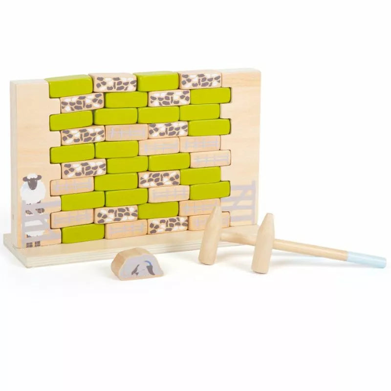 A preschoolers' Wobbly Wall Game "4 Friends" set up like a wobble wall, featuring green blocks atop a printed animal backdrop, alongside two small wooden hammers.