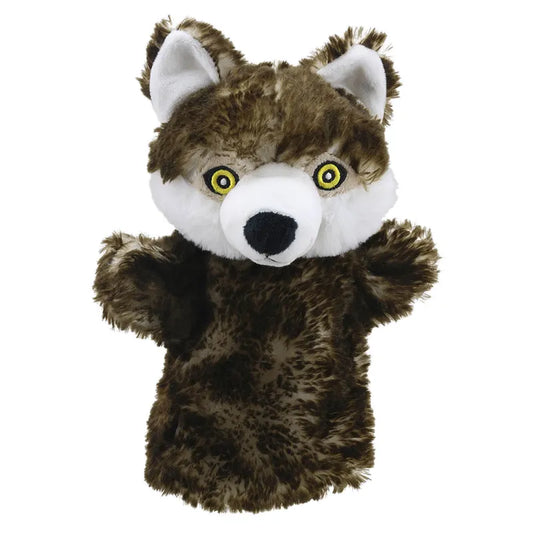 Plush ECO Puppet Buddies Wolf Hand Puppet with detailed features, displaying large, expressive green eyes, prominent ears, and a mix of dark and light brown fur. Perfect for language development or adding to a puppet collection.