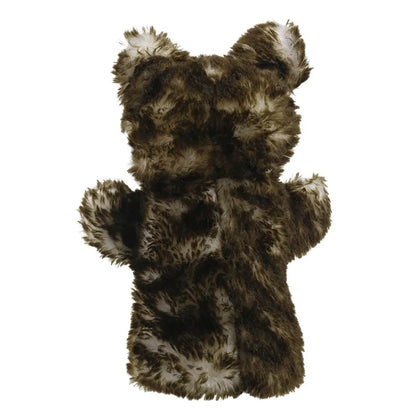 A plush ECO Puppet Buddies Wolf Hand Puppet with patchy brown and white fur, standing straight and facing forward with its arms slightly raised, poised like a hand puppet. The background is plain white.