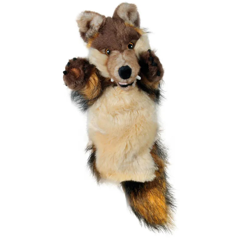 Introducing The Puppet Company Long Sleeved Puppet Wolf: a plush hand puppet that captures the essence of a wolf with its brown and cream fur, upright ears, and expressive eyes. Perfectly suited for creative storytelling, this enchanting puppet is presented against a plain white background.