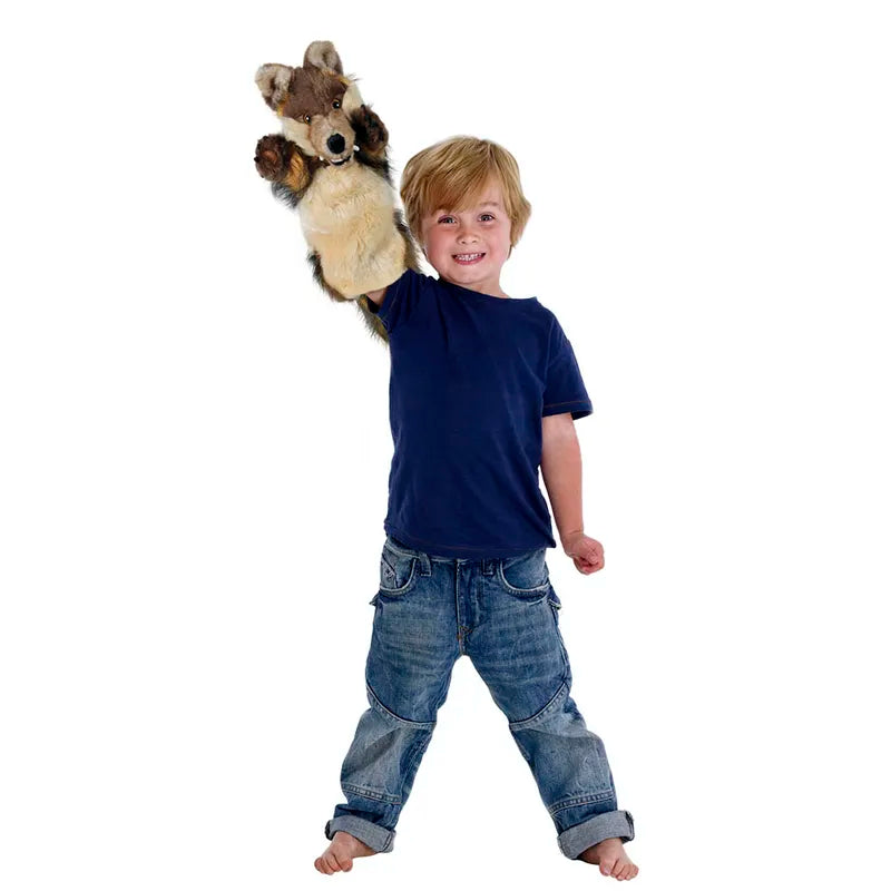 A young boy wearing jeans and a navy blue long-sleeved shirt is smiling as he uses his right hand to hold up The Puppet Company Long Sleeved Puppet Wolf, against a plain white background.