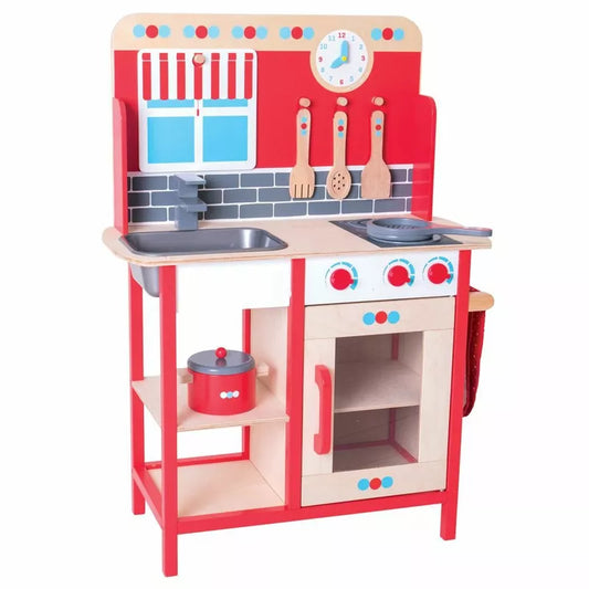 A Bigjigs Play Kitchen with Accessories with a sink and stove.