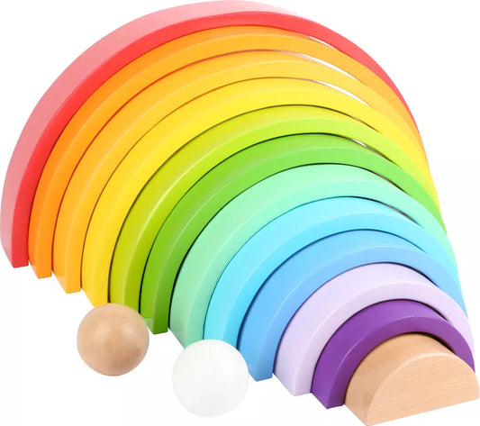 A Rainbow Wooden Puzzle XL and a white ball.