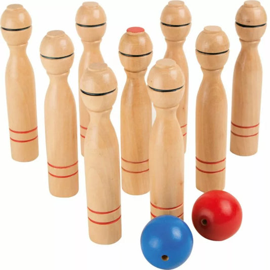 A set of Wooden Skittles Games and balls on a white background, ready for indoor-outdoor play, enhancing hand-eye coordination.
