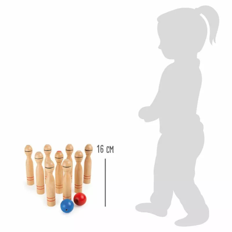 A set of Wooden Skittles Games and two balls with a scale indicating their size relative to the silhouette of a child, perfect for indoor outdoor play.