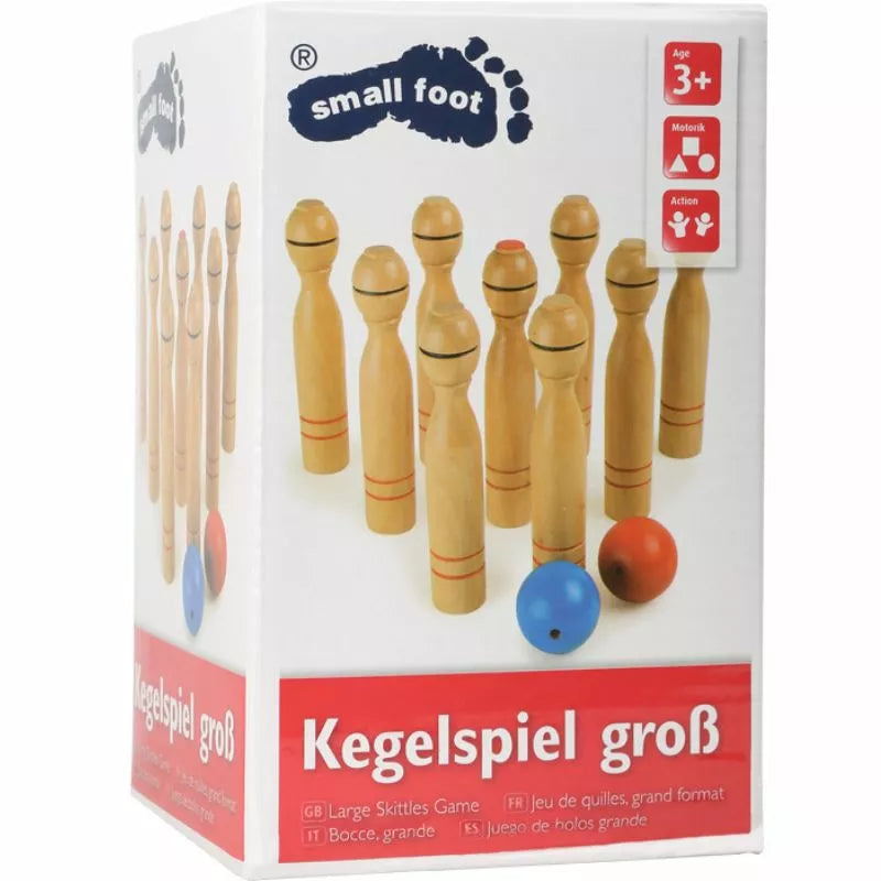 A box of Wooden Skittles Games playset, featuring large-sized pins and two balls, suitable for children aged 3 and above. This set is ideal for both indoor and outdoor play.