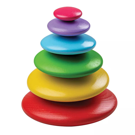 A stack of Bigjigs Rainbow Stacking Pebbles sitting on top of each other.