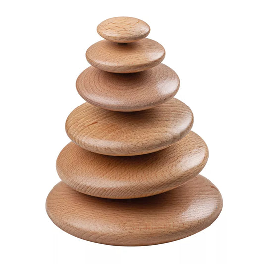 A wooden stack of Bigjigs Stacking Pebbles on a white background.