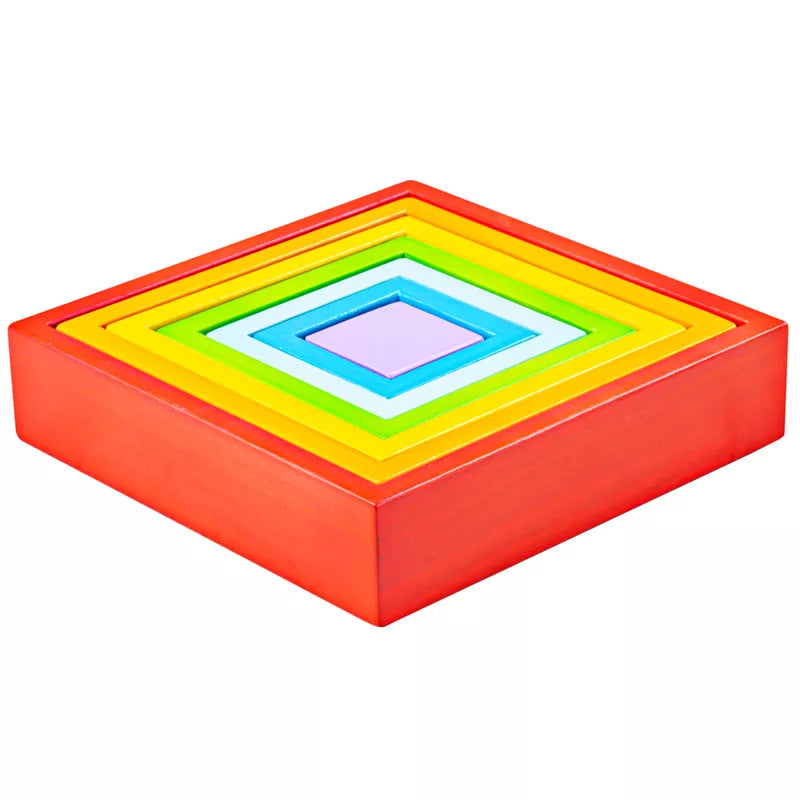A multicolored Bigjigs Wooden Stacking Squares box with a white background.