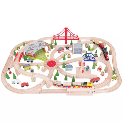 A Bigjigs Freight Train Set 130 pcs with a bridge and cars.