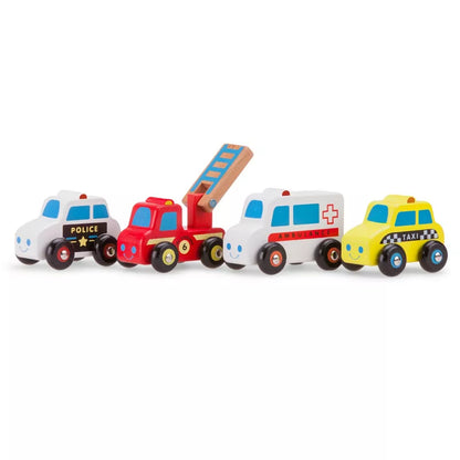 A set of New Classic Toys Wooden Vehicles of different colors.