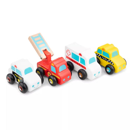 A set of four New Classic Toys Wooden Vehicles on a white background.