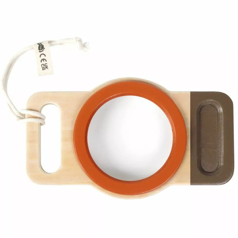 A modern wooden and ceramic XXL Magnifying Glass “Discover” with a sleek design, featuring a natural wood handle, a terracotta-colored frame, and a large white circular lens perfect for young children's outdoor adventures.