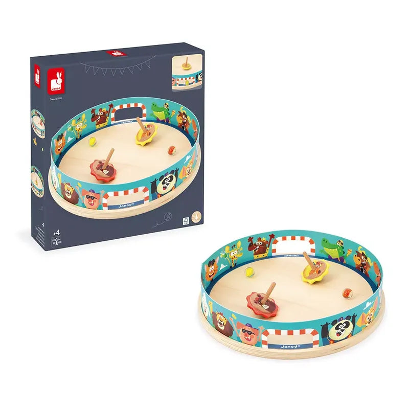 A Janod Applepop - Spinning Top Arena with an animal circus design, perfect for children aged 4 years and up. The game features a circular wooden board with a colorful animal-themed border and includes spinning tops and small wooden pieces. The packaging box showcases the setup and various playful animal illustrations.