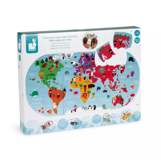 A Janod Bath Explorers Map puzzle box with a map of the world on it.
