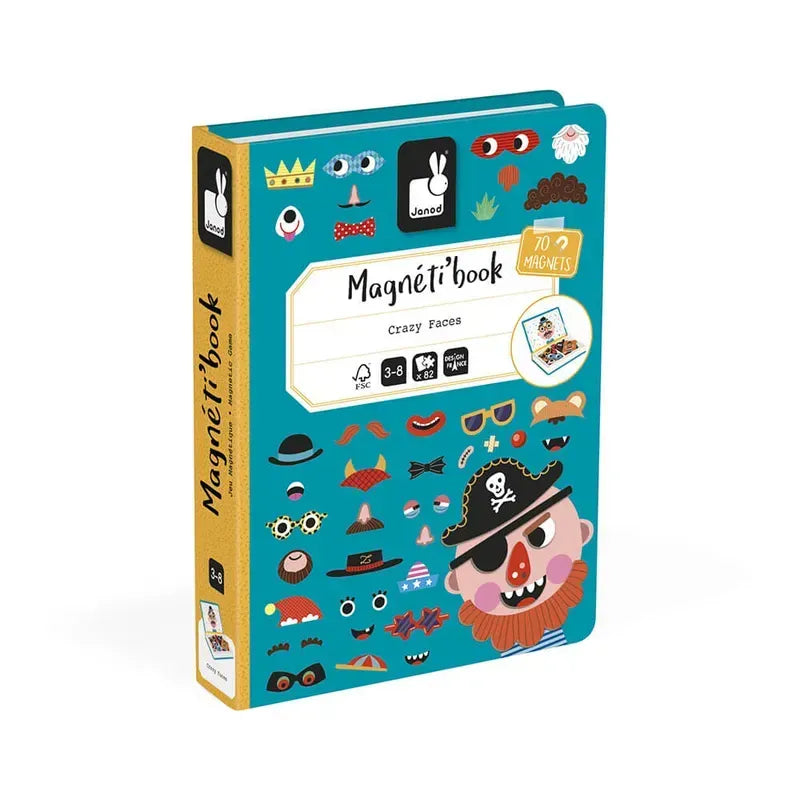 The closed Janod Boy's Crazy Faces Magneti'book is shown, featuring a blue cover adorned with various magnetic face parts like eyes, mouths, glasses, and hats. This educational game is designed for children aged 3-8 and encourages creativity and fun using magnets.