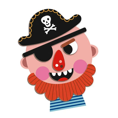 Illustration of a pirate with a cheerful expression, donning a black hat adorned with a skull and crossbones, an eyepatch over one eye, and boasting a red nose. He features a red beard and is clad in a blue and white striped shirt. The white background makes it ideal for an educational game or the Janod Boy's Crazy Faces Magneti'book set.