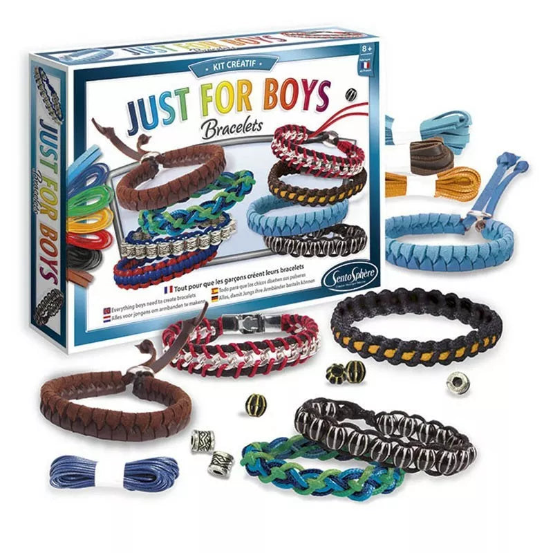 A box with Sentosphere Bracelets Just For Boys, a crafty kit, and other items.