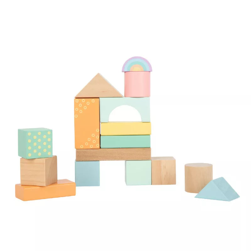 A Pastel Wooden Building Blocks set with blocks and shapes.