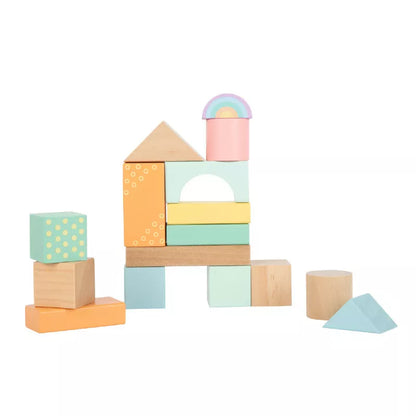 A Pastel Wooden Building Blocks set with blocks and shapes.