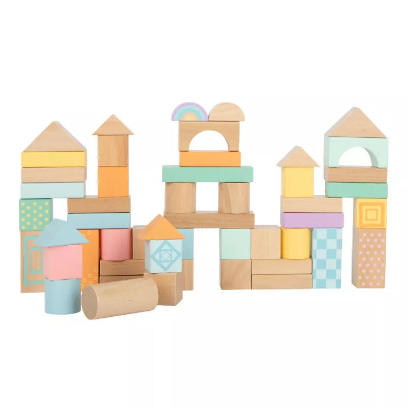 A set of Pastel Wooden Building Blocks with different shapes and colors.