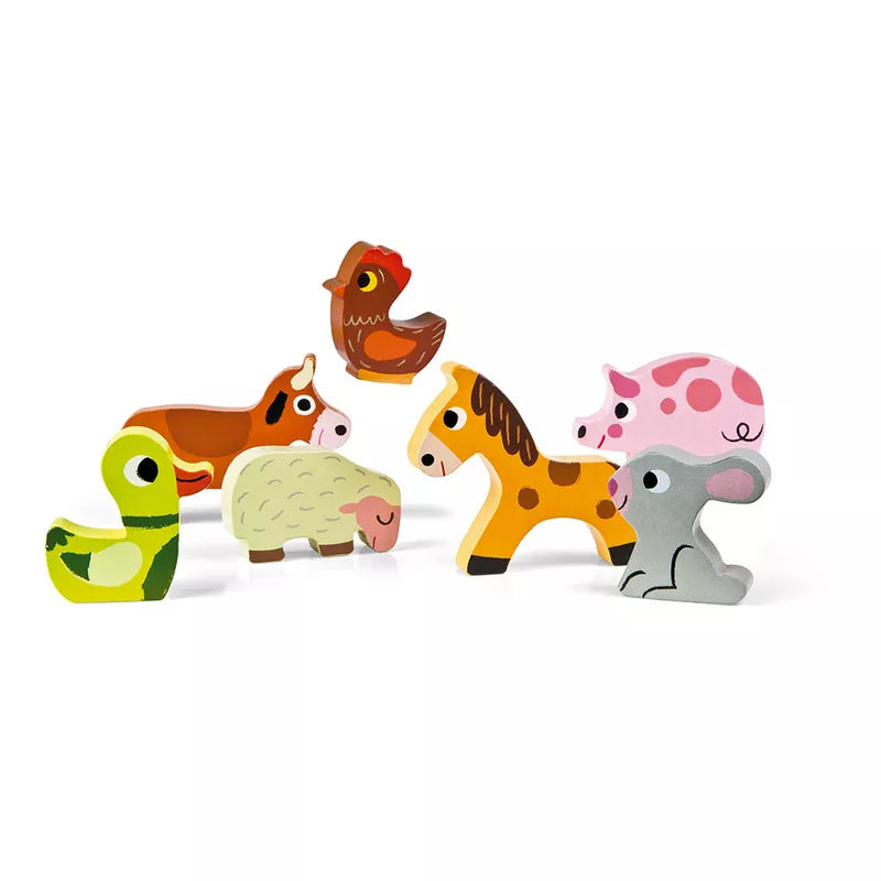 A group of Janod Farm Chunky Puzzle wooden animals standing next to each other.