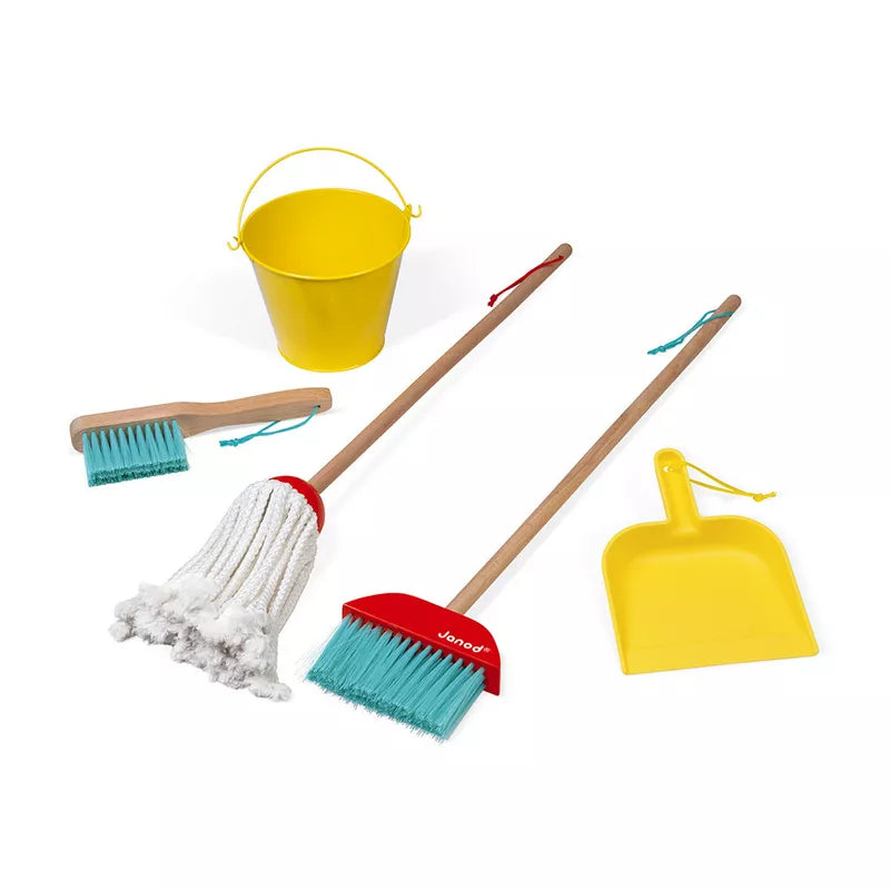 A Janod Cleaning Set including a broom, mop, and bucket.