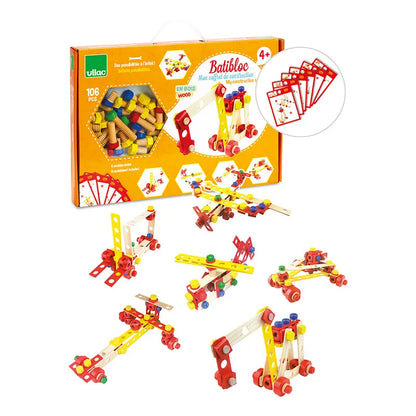 The image shows the Vilac My Construction Set, a delightful wooden toy perfect for children aged 4 and up. Comprising 106 colorful pieces including rods, connectors, and wheels, the set also includes 6 instruction cards. Various model constructions are assembled and showcased around the box.