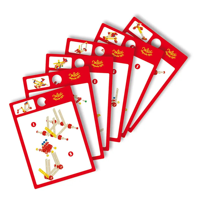 The Vilac My Construction Set includes five instruction cards, each featuring different steps and parts for assembling a wooden toy. Perfect for children aged 4 and up, these red and white cards illustrate how to combine wooden elements and connectors into various configurations.