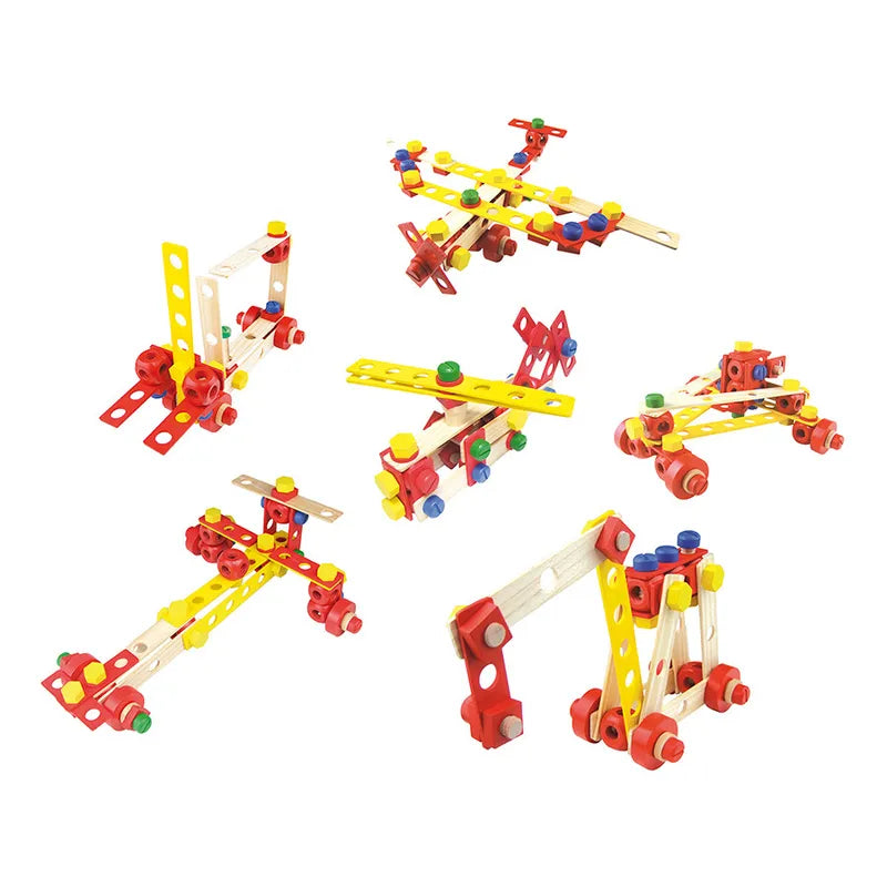 The Vilac My Construction Set is a diverse collection of colorful wooden toy building kits that can be assembled into various shapes. Ideal for children aged 4 and up, the kits feature pieces in red, yellow, blue, and green with connecting bolts to form structures like vehicles, cranes, and abstract shapes that highlight creativity and construction possibilities.